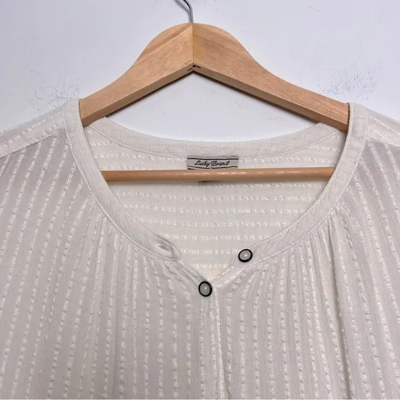 Lucky Brand Ivory Textured Soft Button Up 3/4 Sleeve Decorative Gauzy Blouse - Picture 3 of 12